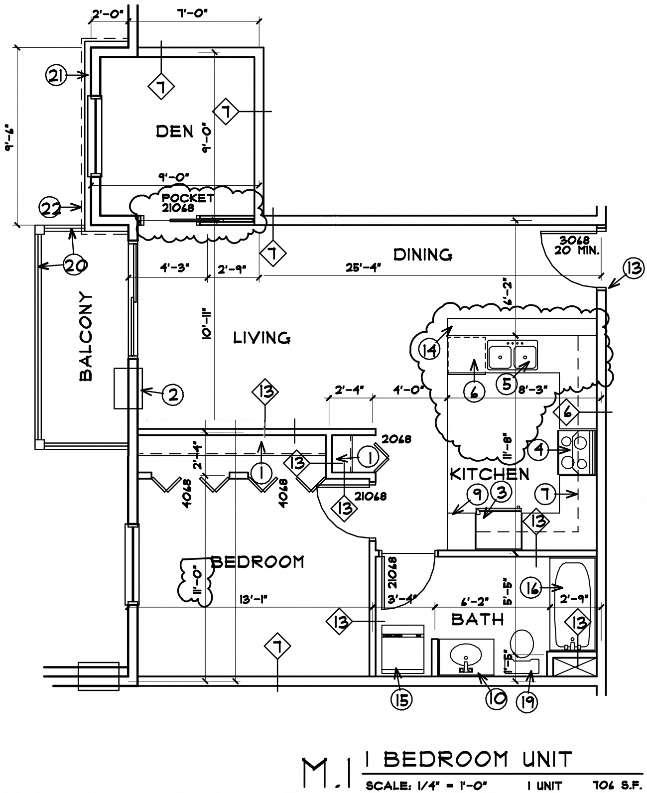 Floor plan for 1 bed, 1 bath, 706 sqft